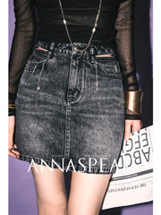 HIGH-WAISTED HOLLOW RHINESTONE CHAIN DENIM SKIRT