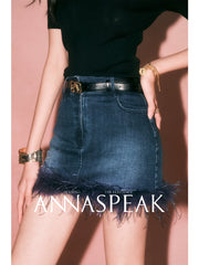 OSTRICH FEATHER-TRIMMED DENIM SKORTS